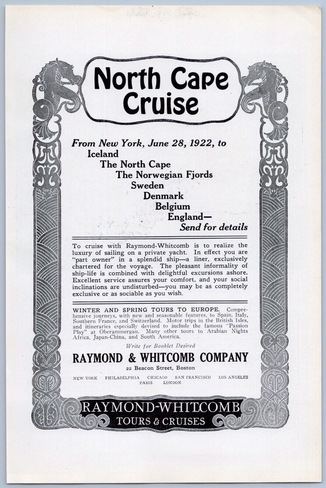 1922 Raymond Whitcomb Vintage Cruise Ad North Cape Iceland Norway Sweden Denmark