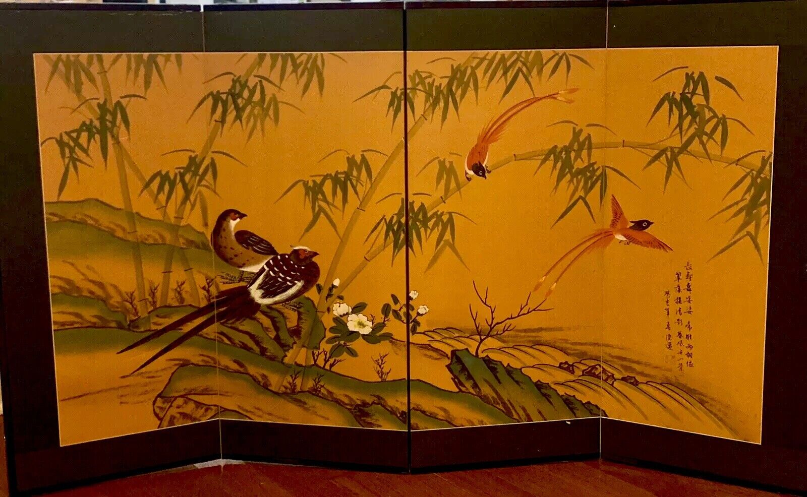 Japanese Hand Painted 4-Panel Screen Red Love Birds On Tree Branches 35”t 60”w