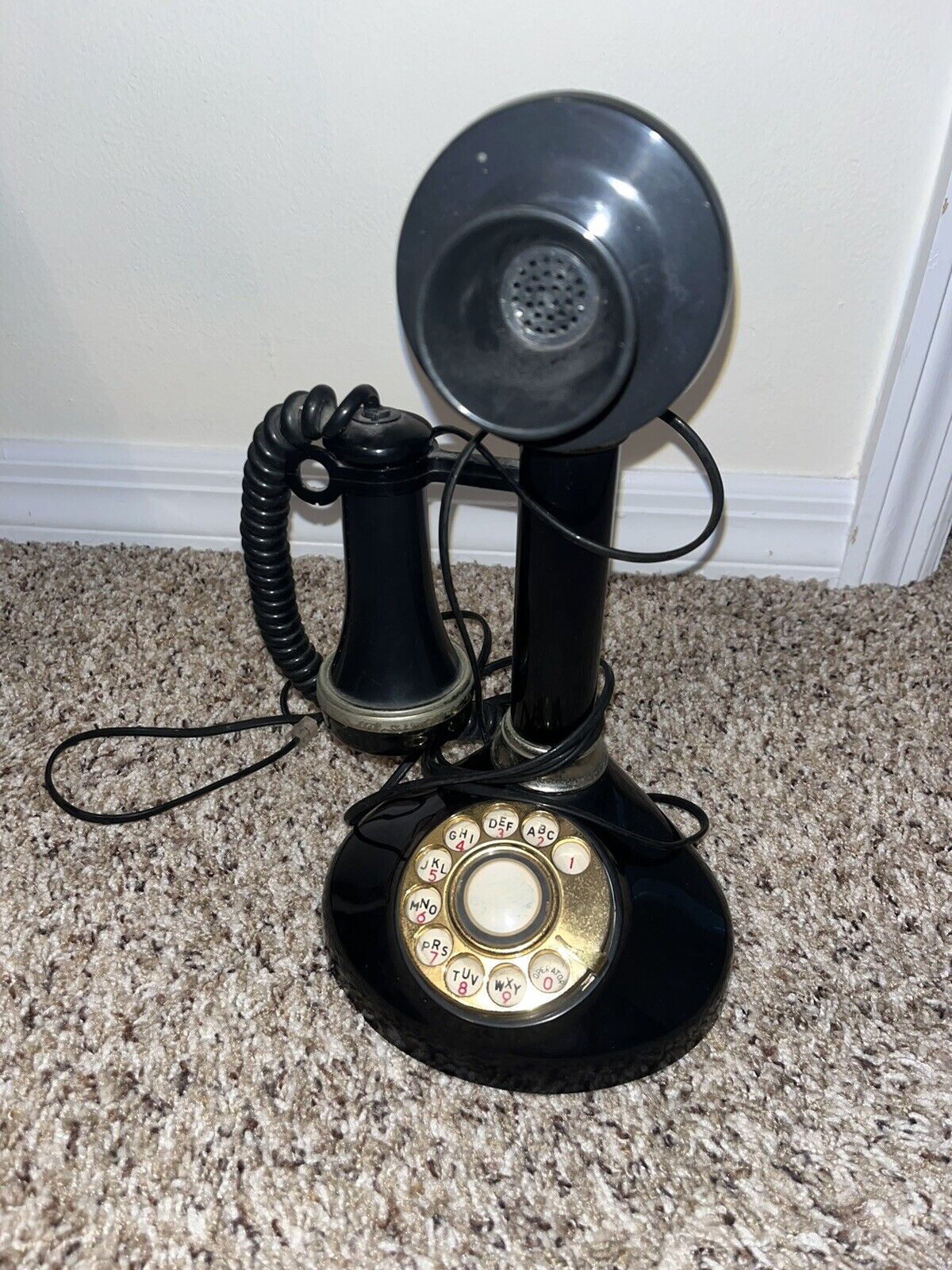 1973 Vintage Deco-Tel Candlestick Rotary Telephone Black w/ Gold Trim Dial Tone