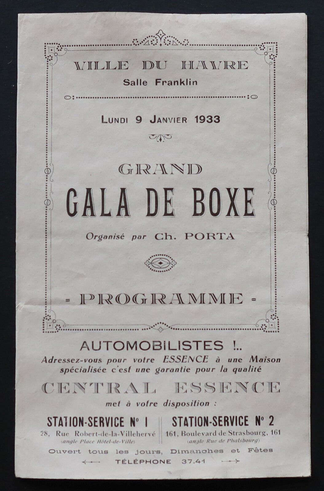 1933 Le Havre LE PERSON BOXING GALA Program Franklin Porta Boxing Room 