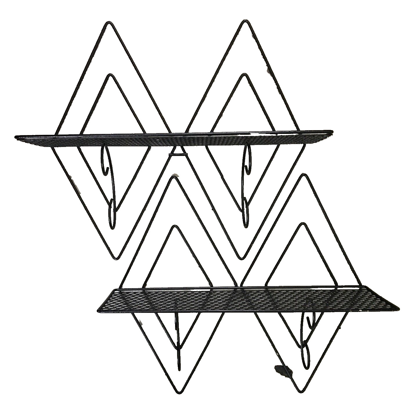 Vtg Retro MCM Double Diamond Punched Metal Wall Hung Black Shelves Set of 2