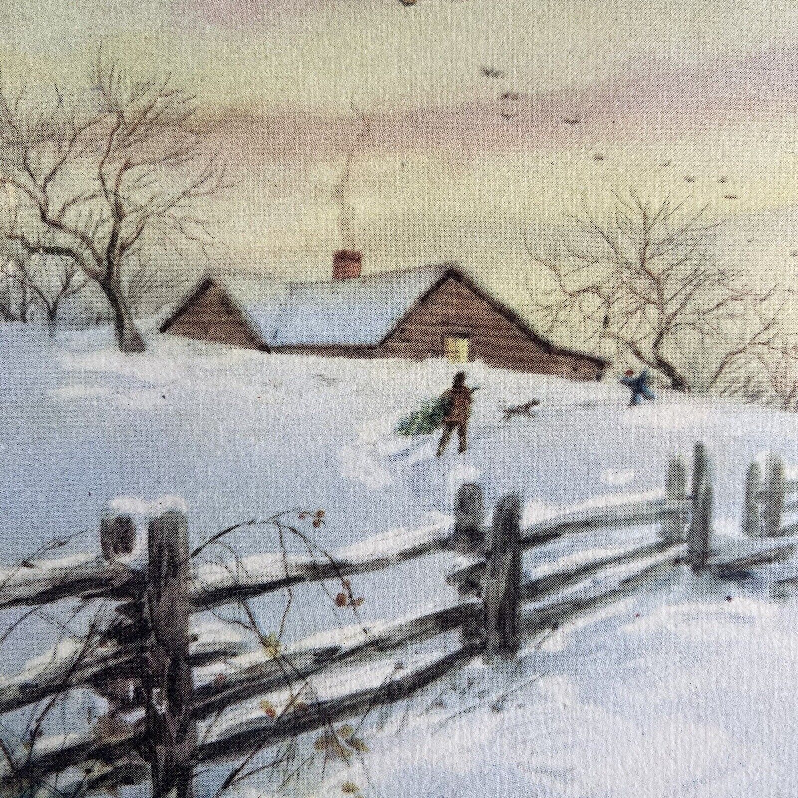 Vintage Mid Century Christmas Greeting Card Log House Snow Fence Chimney Smoke