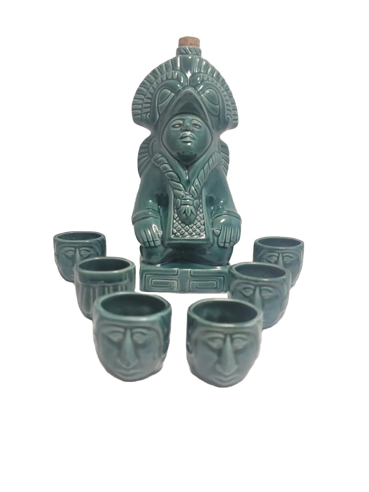 Aztec tiki rum bottle Decanter & 6 Shot Glasses Pottery Bar Set 