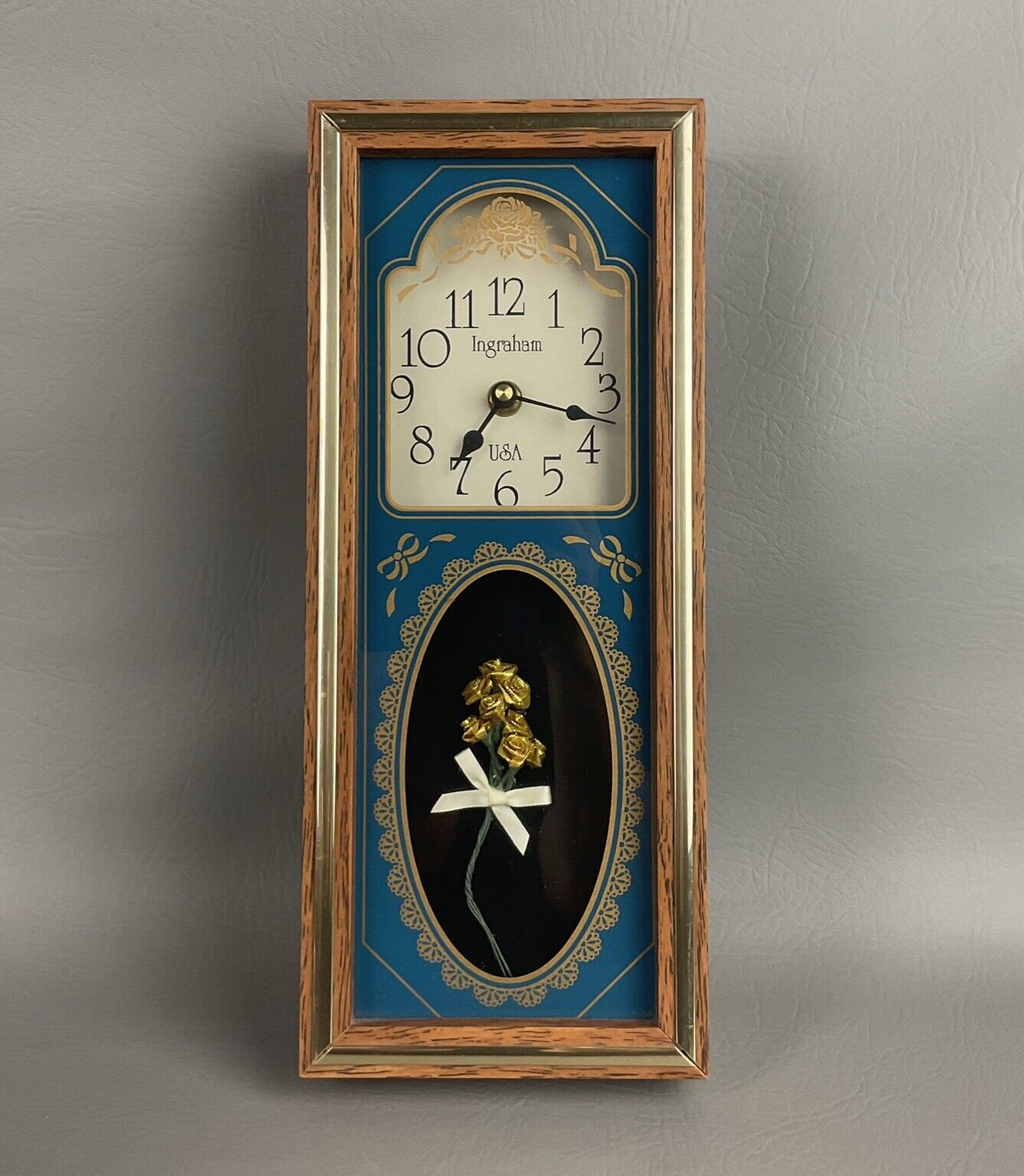 Vintage Ingraham USA Clock Mantle Shelf Clock with Flower Floral Glass