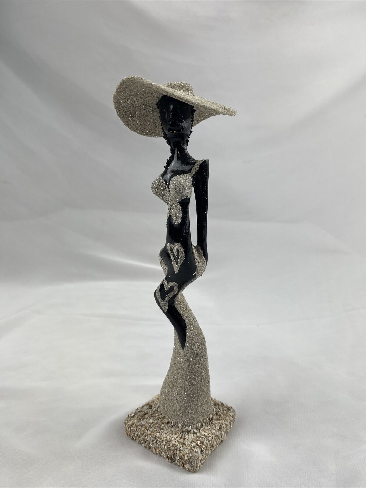 Hand Carved Figurine. 10” Tall Beautifully Carved Woman With Sand Hat & Dress. 