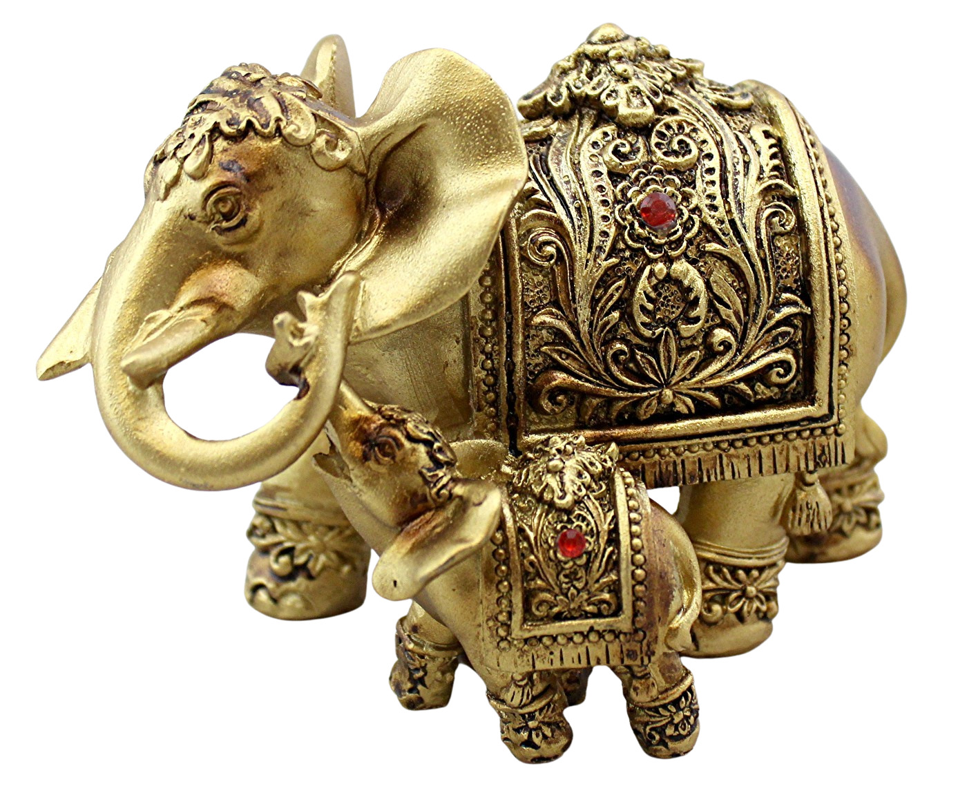 Mother Elephant With Calf Figurine Faux Gold Finished Poly Resin Feng Shui