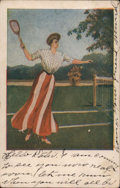 1908 A Woman Playing Tennis Antique Postcard 1c stamp Vintage Post Card