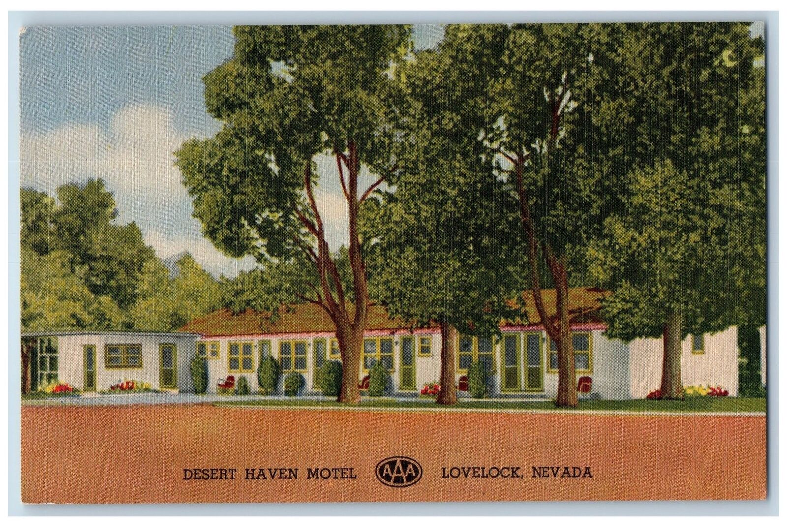 c1940's Desert Haven Motel & Restaurant Cottages Trees Lovelock Nevada Postcard