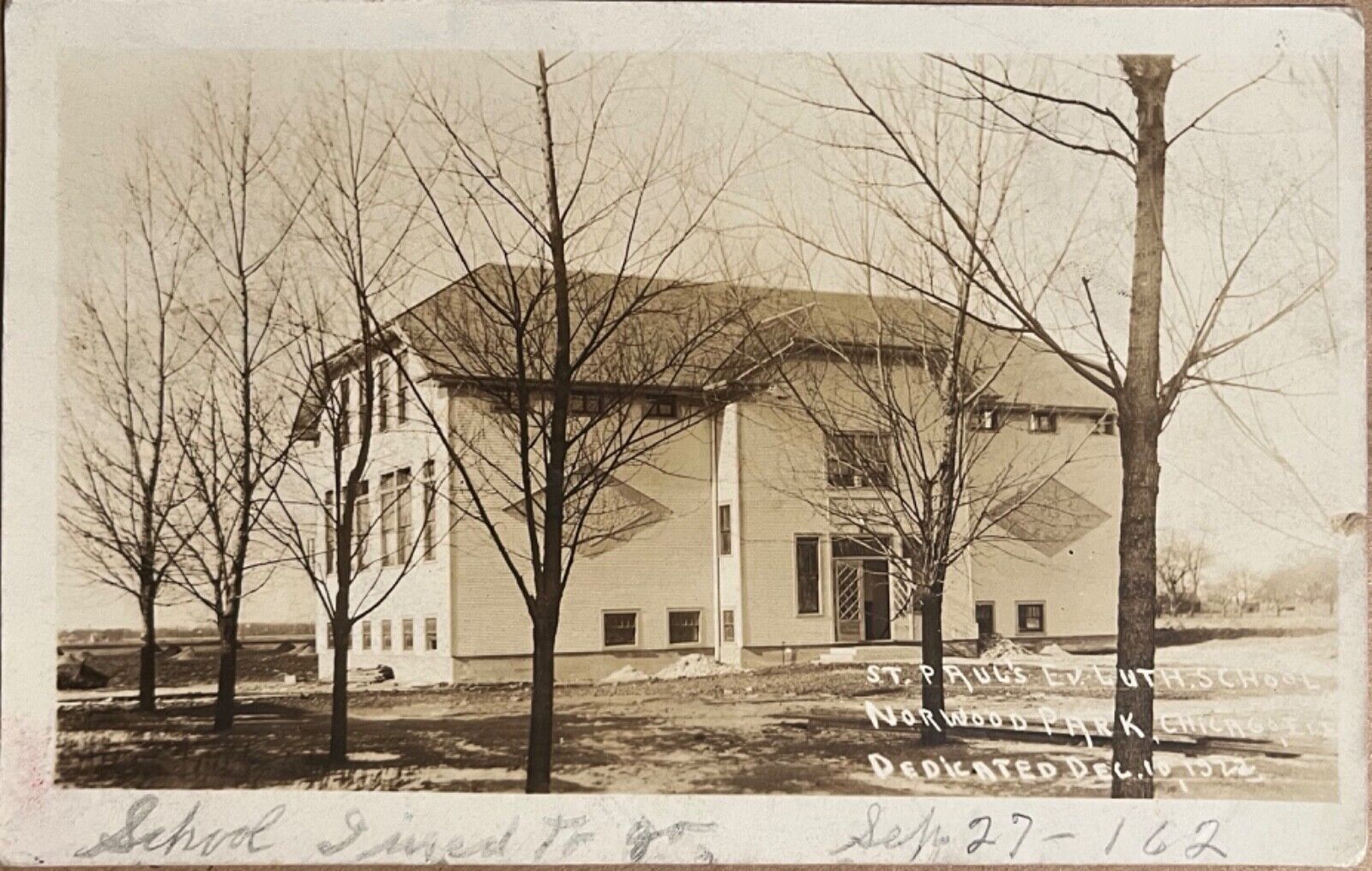 RPPC Chicago Norwood Park St Pauls School Illinois Real Photo Postcard 1922
