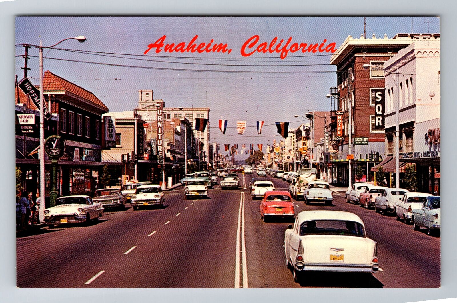 Anaheim CA-California, Center Street Shops, 50's Cars, Antique Vintage Postcard