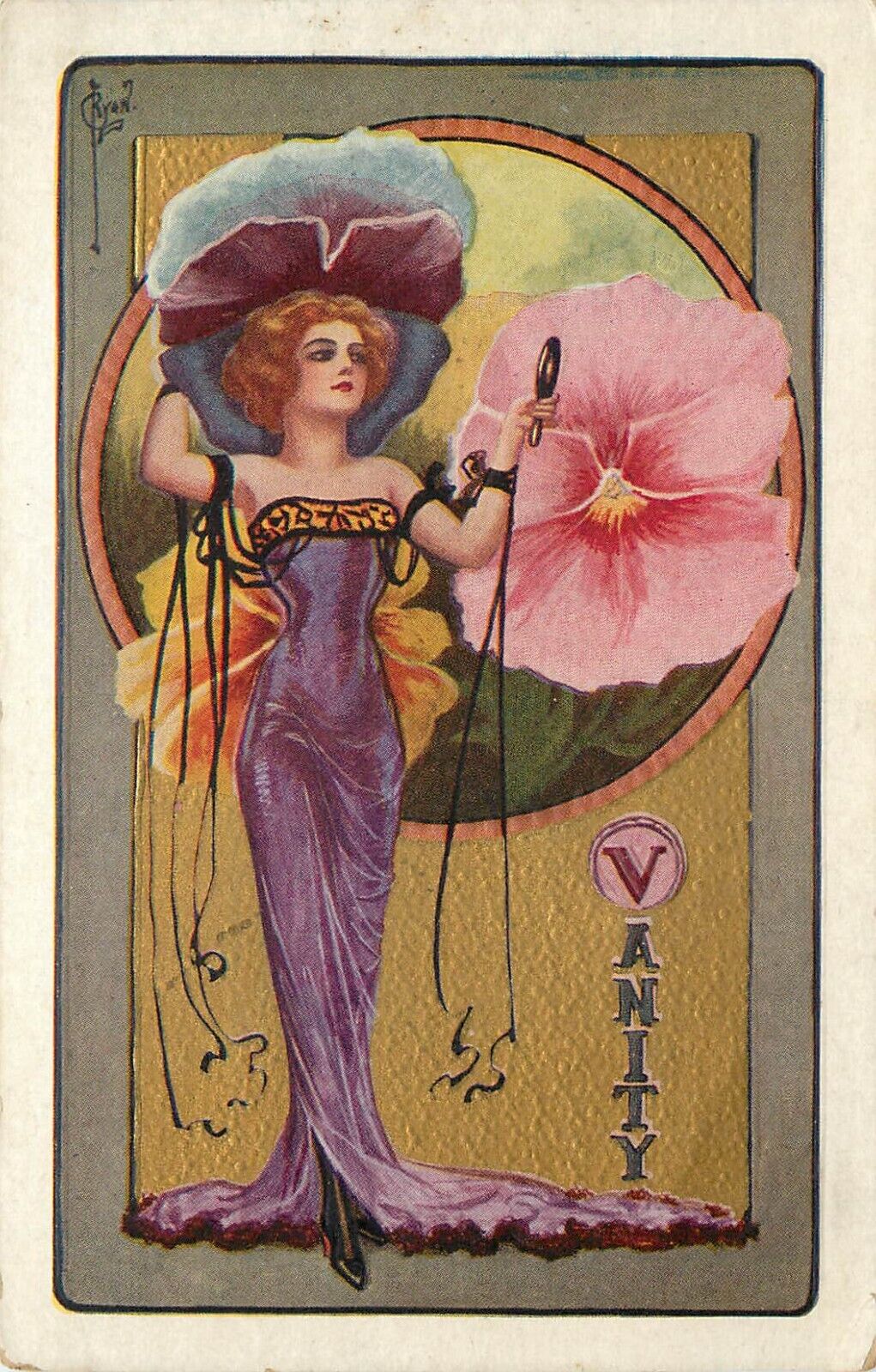 S/A Postcard Ryan Art Nouveau Beautiful Woman Vanity A636 Embossed