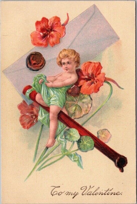 c1910s VALENTINE\'S DAY Embossed Postcard Cupid Baby in a Weird, Suggestive Pose
