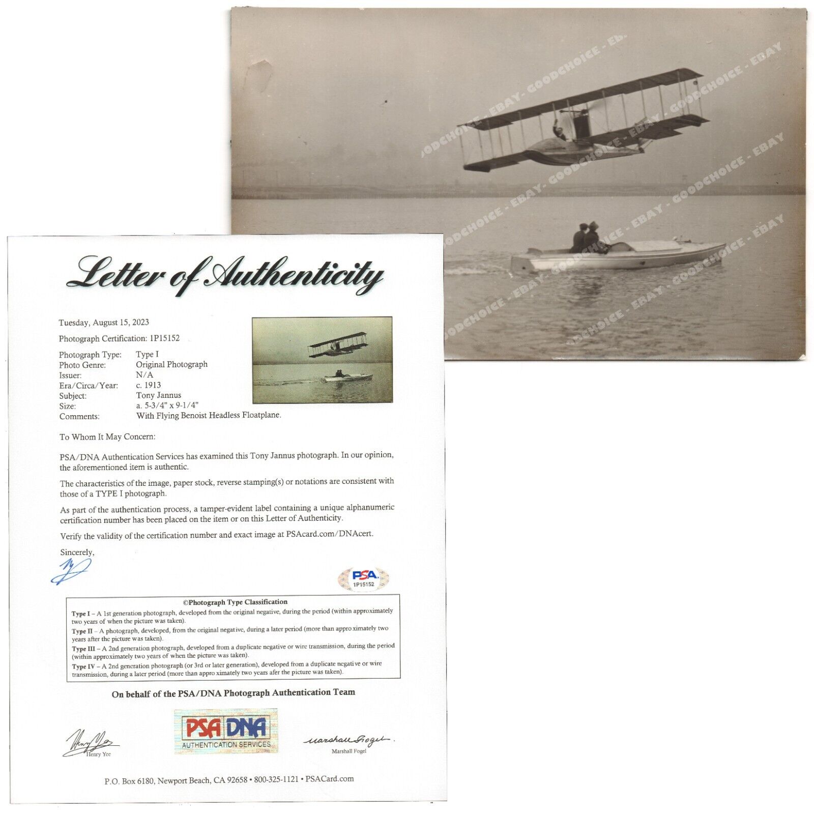1913 Pilot TONY JANNUS Flying BENOIST XIII Above Boaters Original Photo PSA COA