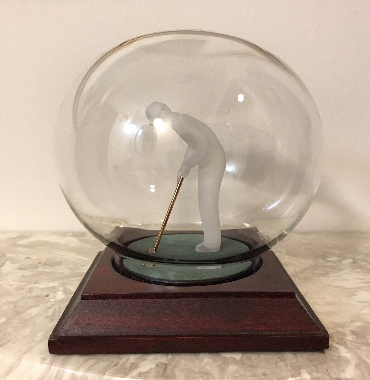 Beautiful Frosted Glass Golfer Figure On Wood Base In Glass Sphere MCM MayFlower