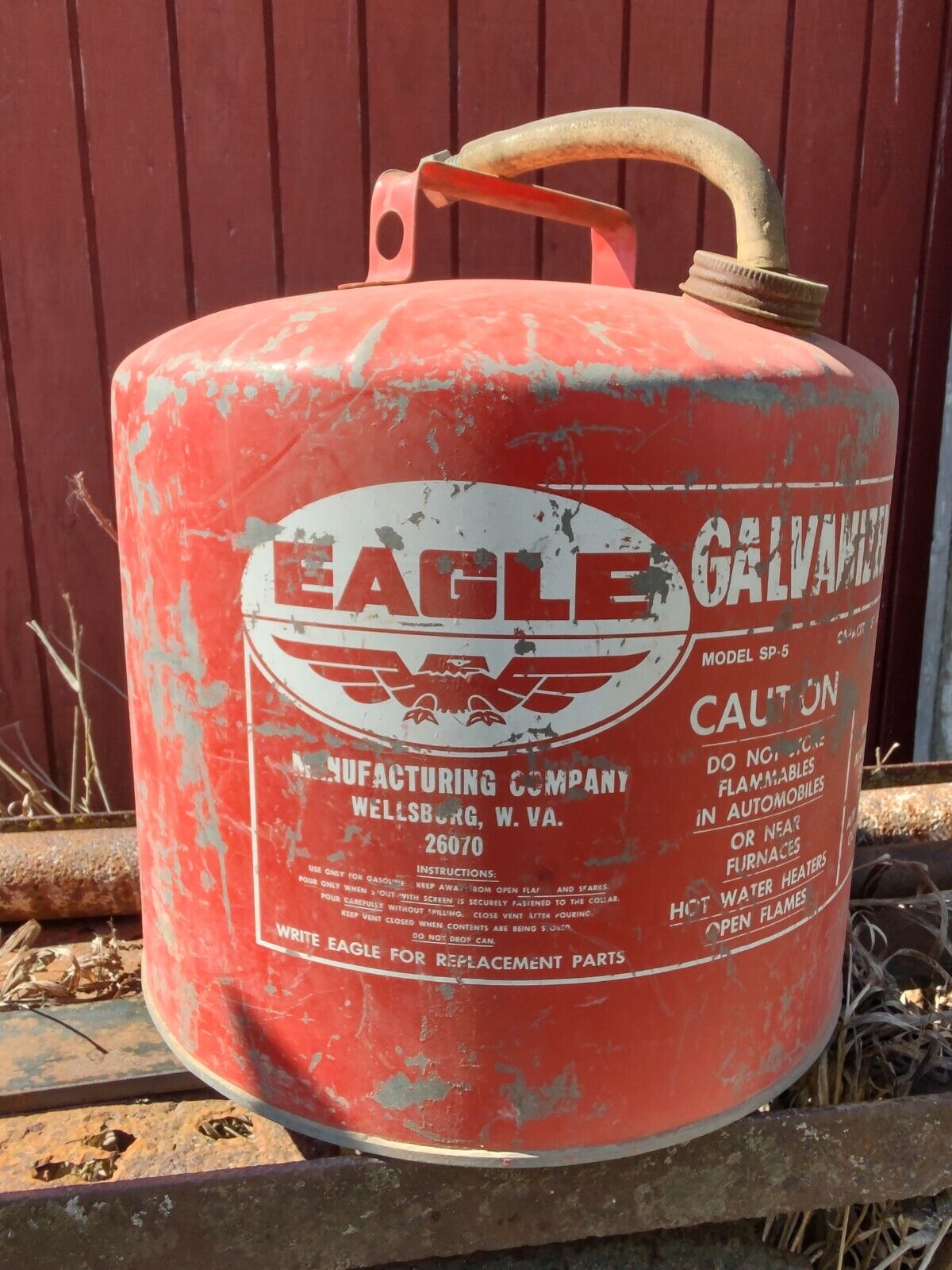 Vintage Eagle Galvanized Gasoline Can 5 Gallon Model SP5 Red Metal Patina Rustic