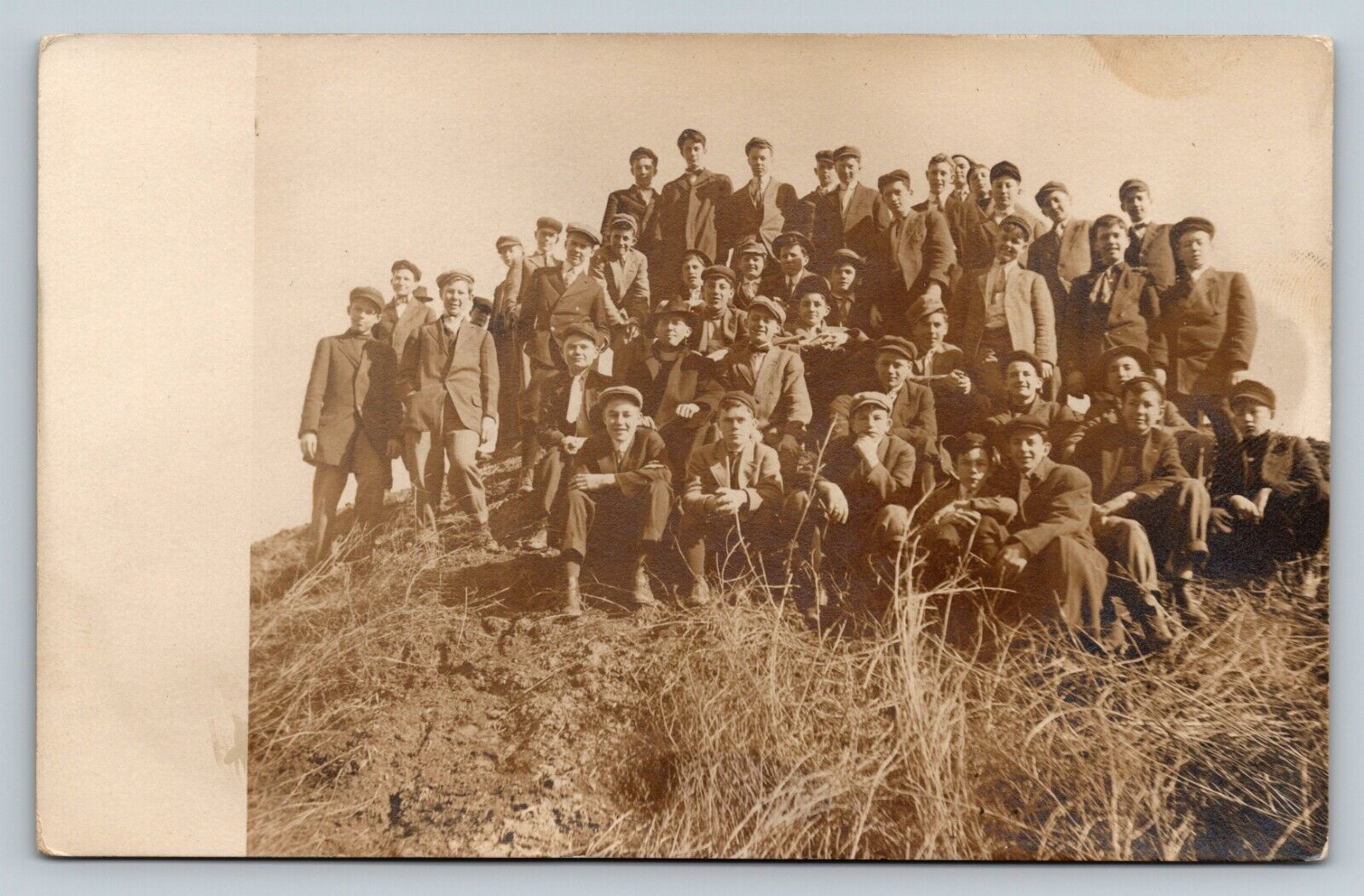 RPPC Large Group of School Age Boys Pose on Hill VINTAGE Postcard 1376