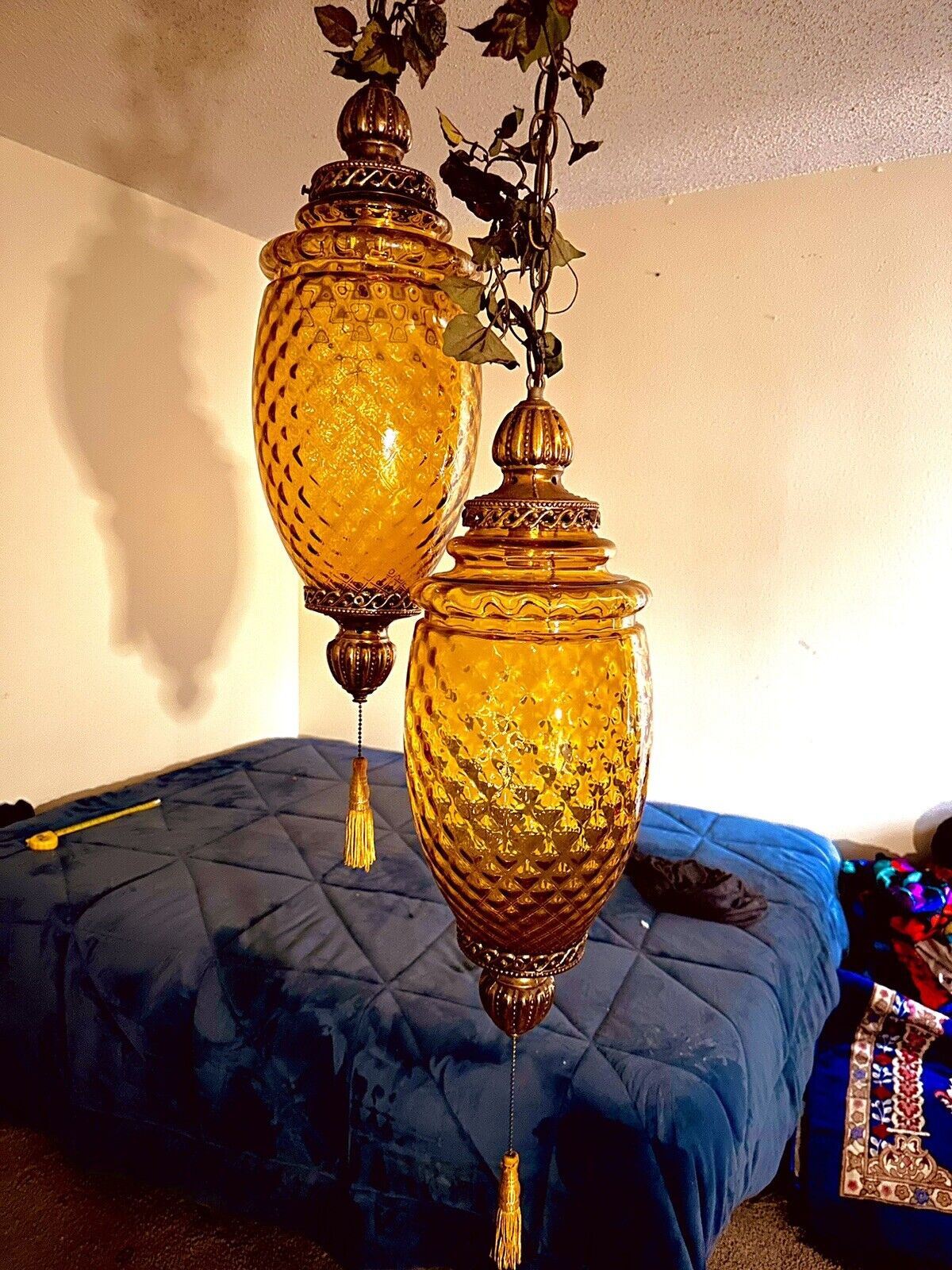 Vintage Swag Lamp Pair Amber Orange Hollywood Regency Antique Light Hanging...
