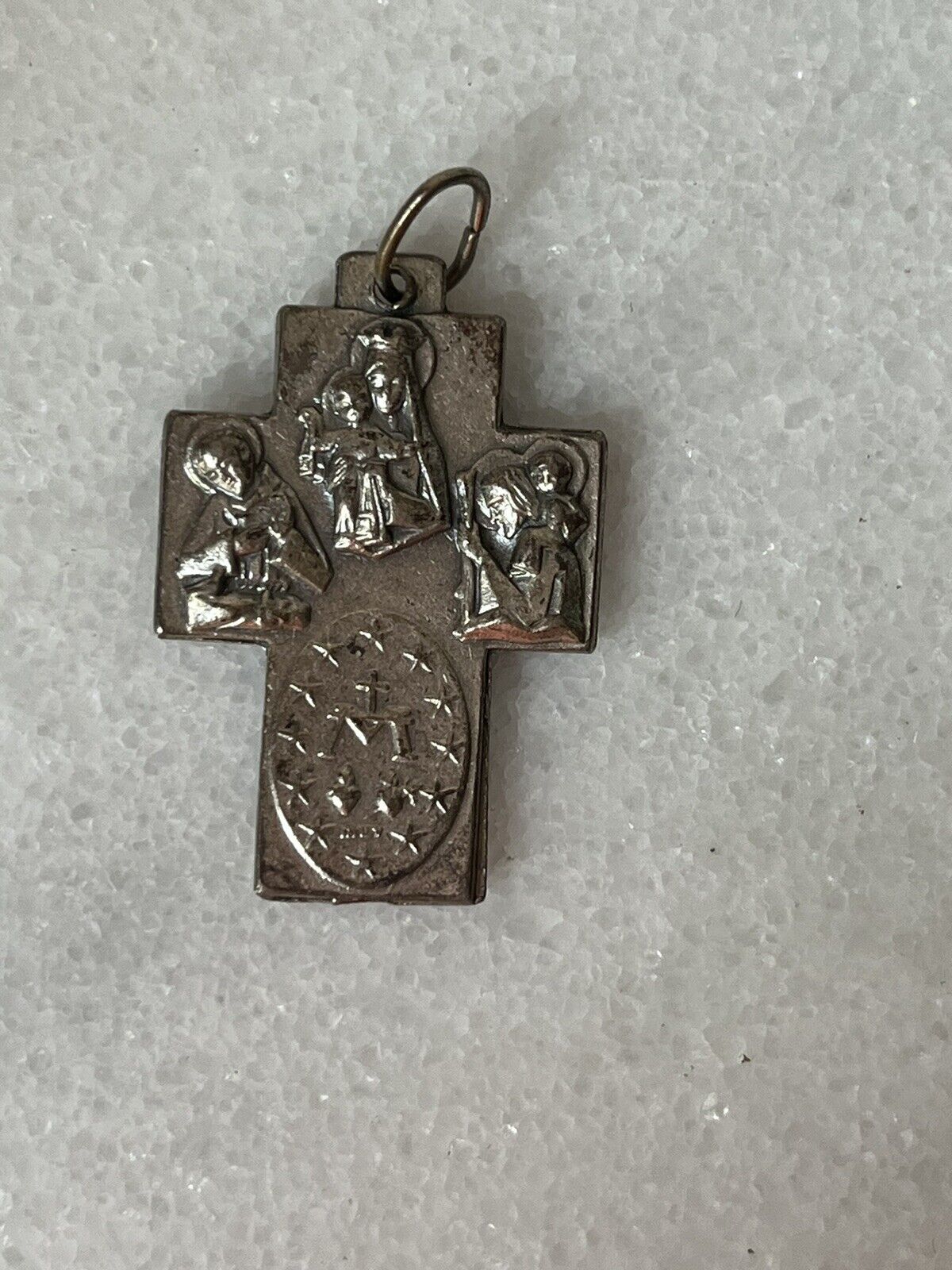 ANTIQUE Religious CROSS Medal w/ Sacret Heart of Jesus, Our Lady and 4 Saints