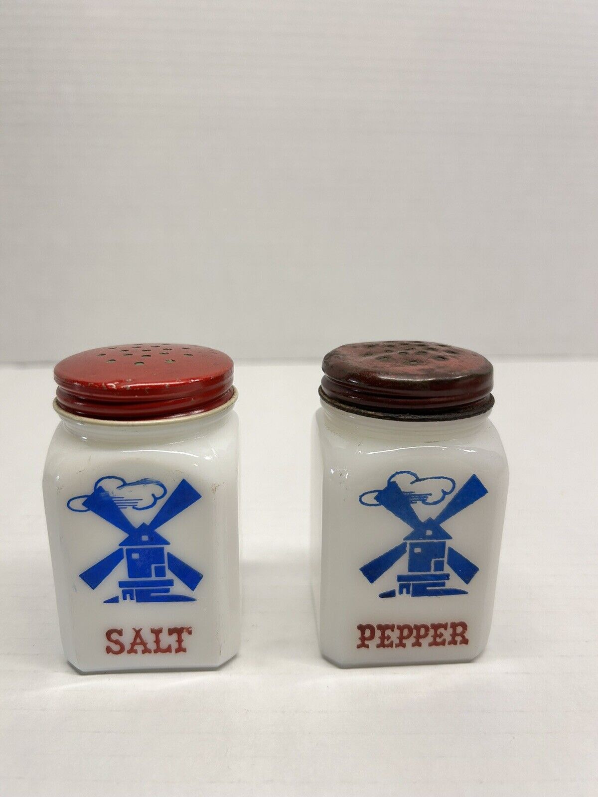Vintage Hazel Atlas Blue Dutch Windmill Milk Glass Salt Pepper Shakers Red Lids