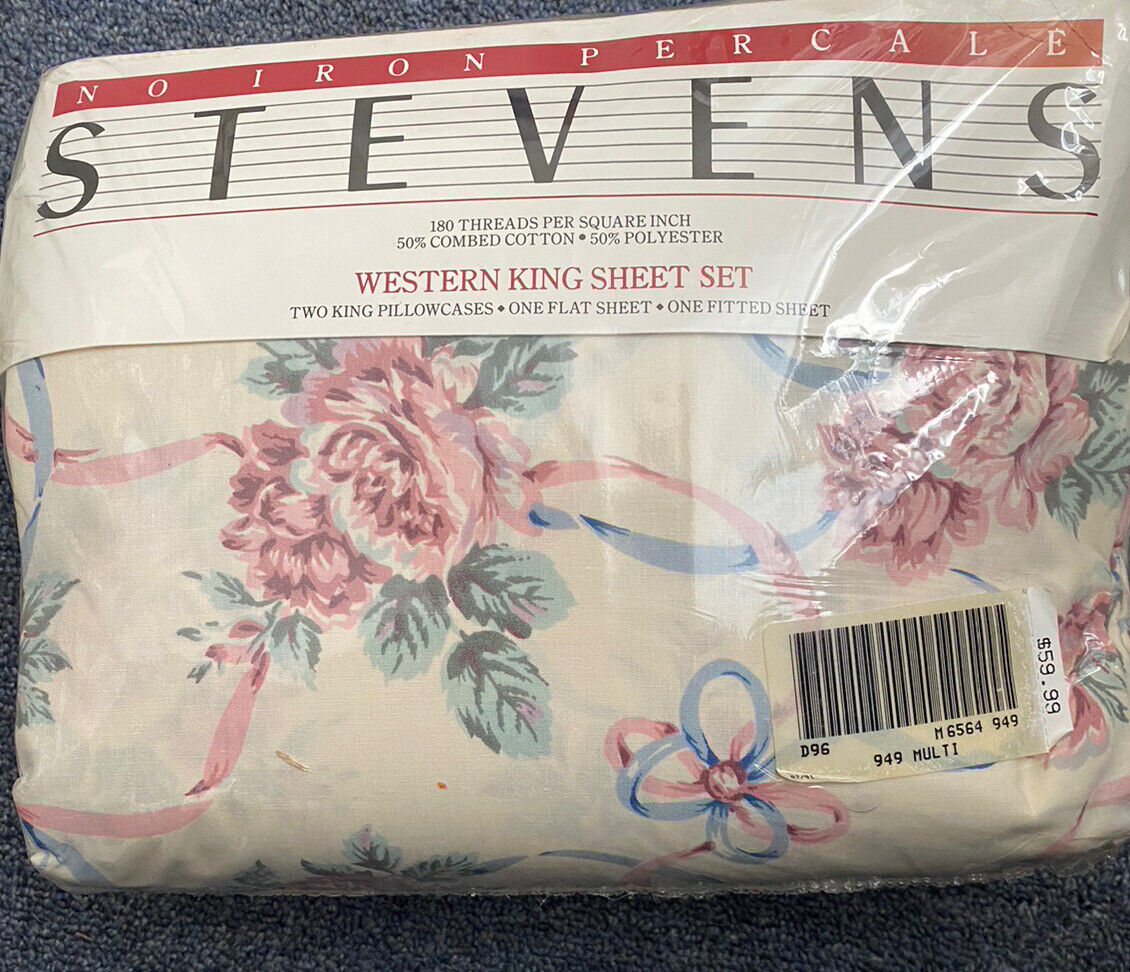Stevens Ribbon Rhapsody WESTERN KING Sheet Set  New Sealed Vintage Roses