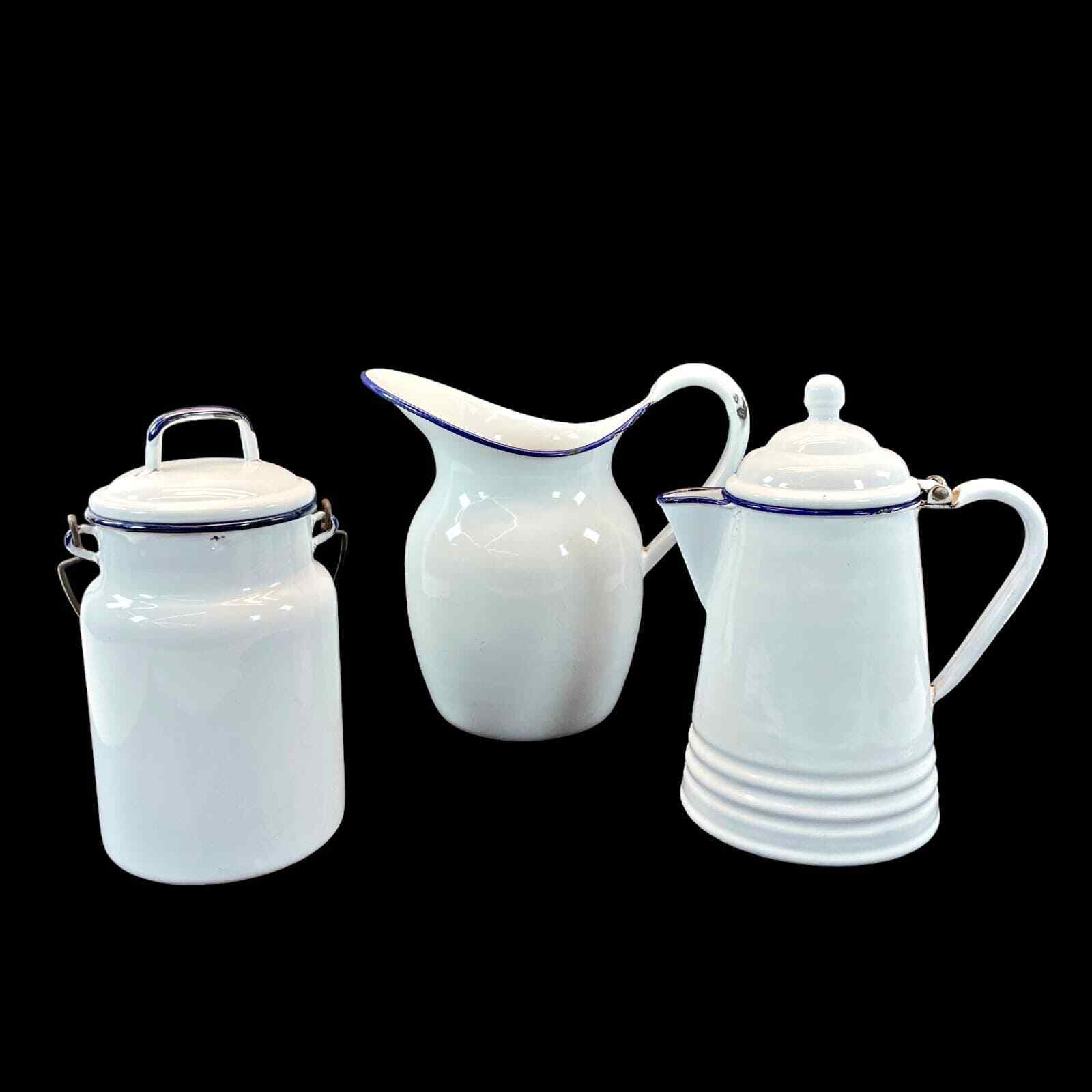 Vintage L&G White Enamelware Blue Trim 3 Pc Pitcher Coffee Pot Jar