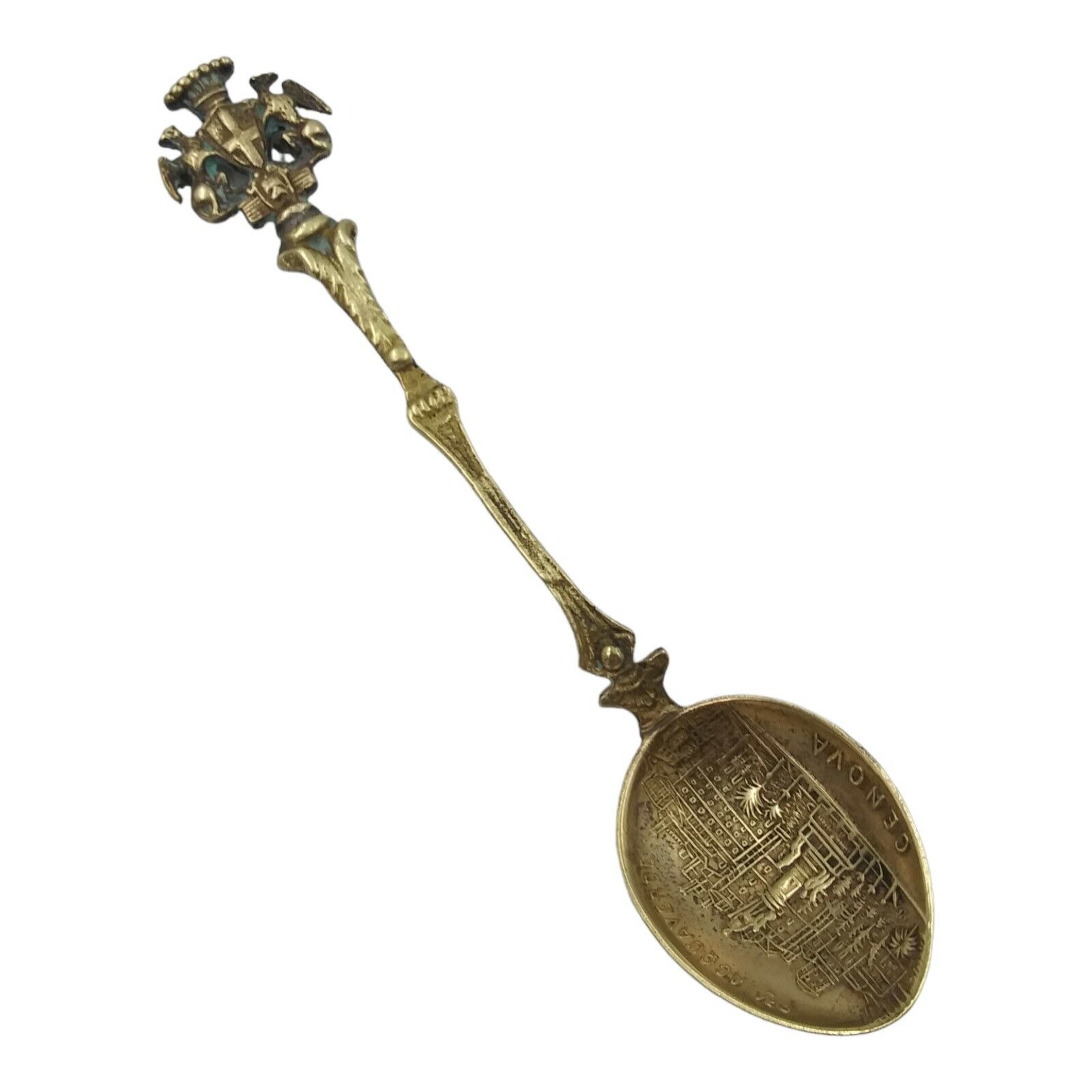 Vintage Piazza Acquaverde Genova Italy Souvenir Spoon Collectible Brass Ornate
