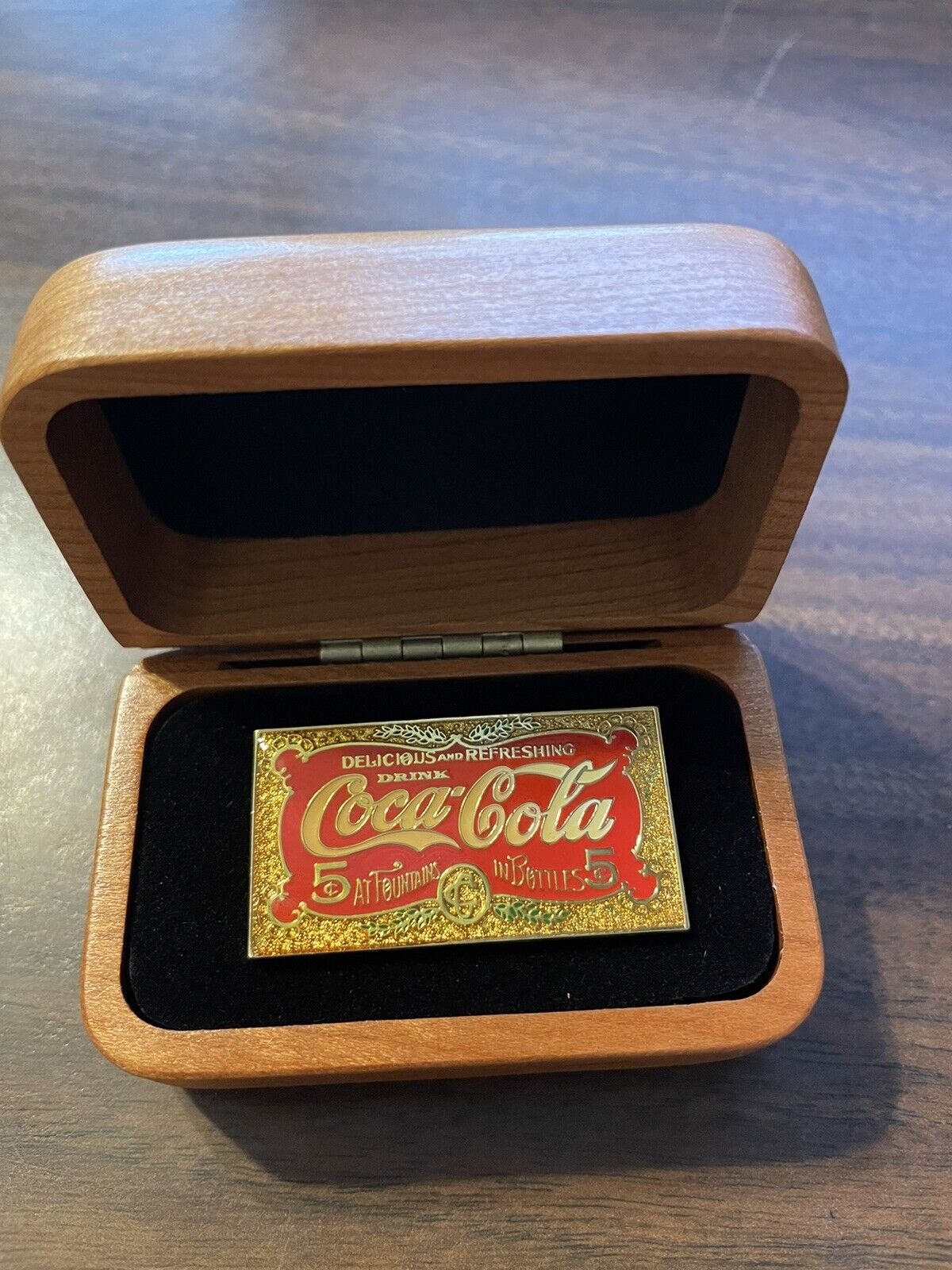 VINTAGE COCA COLA PIN 1.75” In Etched Wood Box