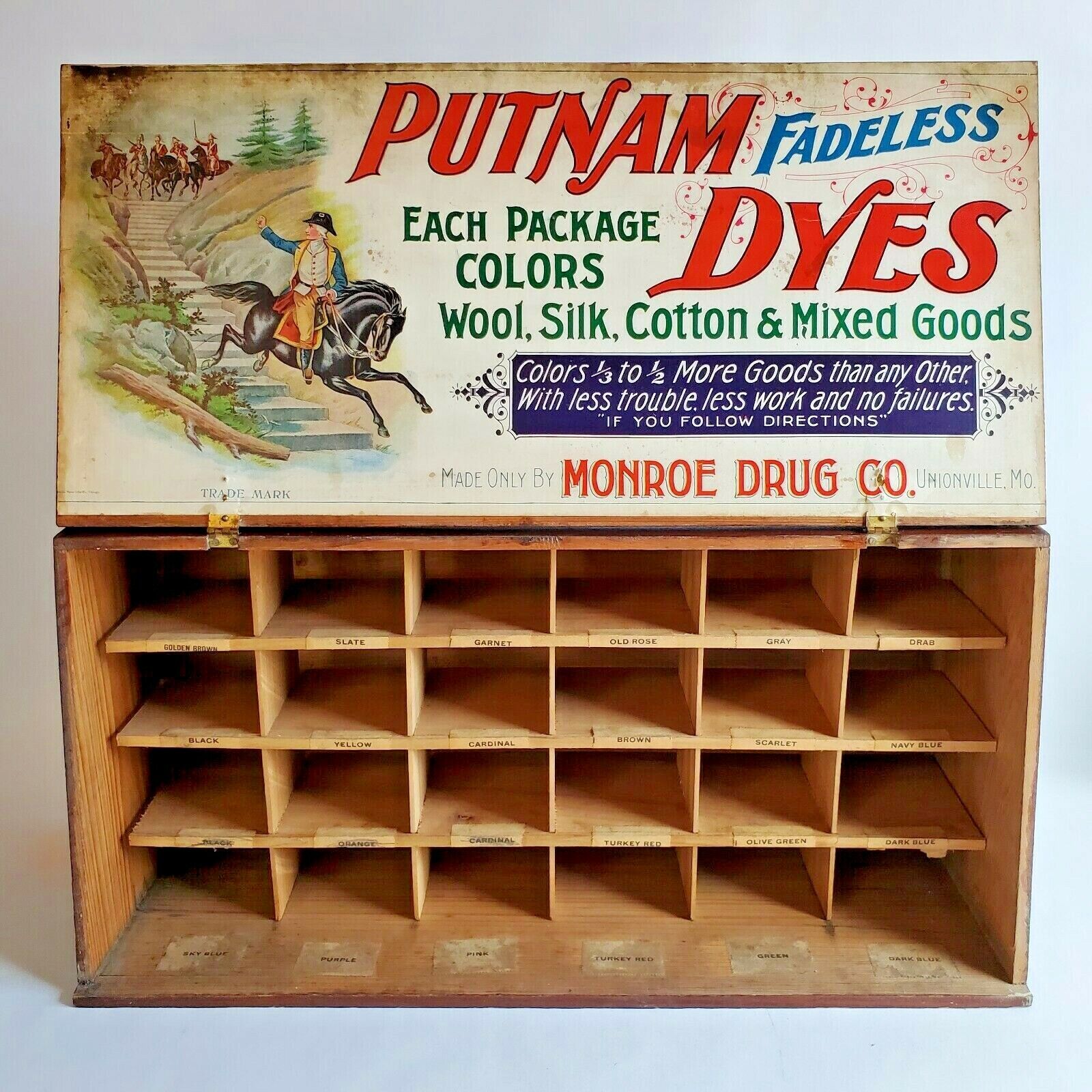 1920’s Antique Putnam Fadeless Dyes Wood Cabinet Monroe Drug Company Cabinet