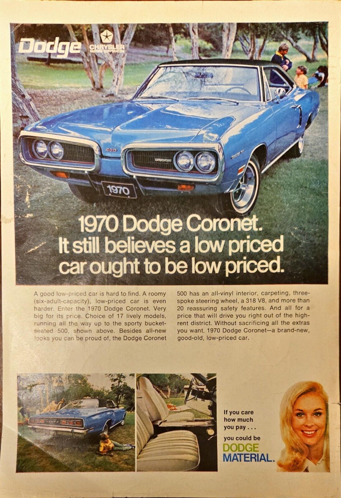 1970 Dodge Coronet 500 Chrysler motors Corporation Vintage Print Ad from 1969