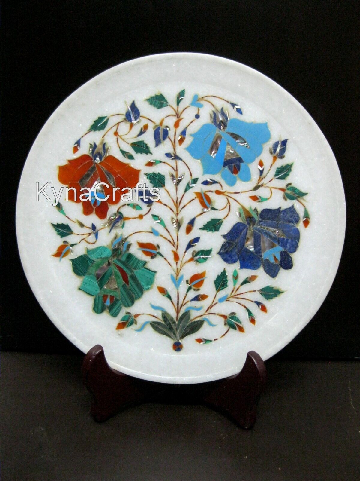 10 Inches Shiny Gemstone Inlay Work Decorative Plate White Marble Giftable Plate