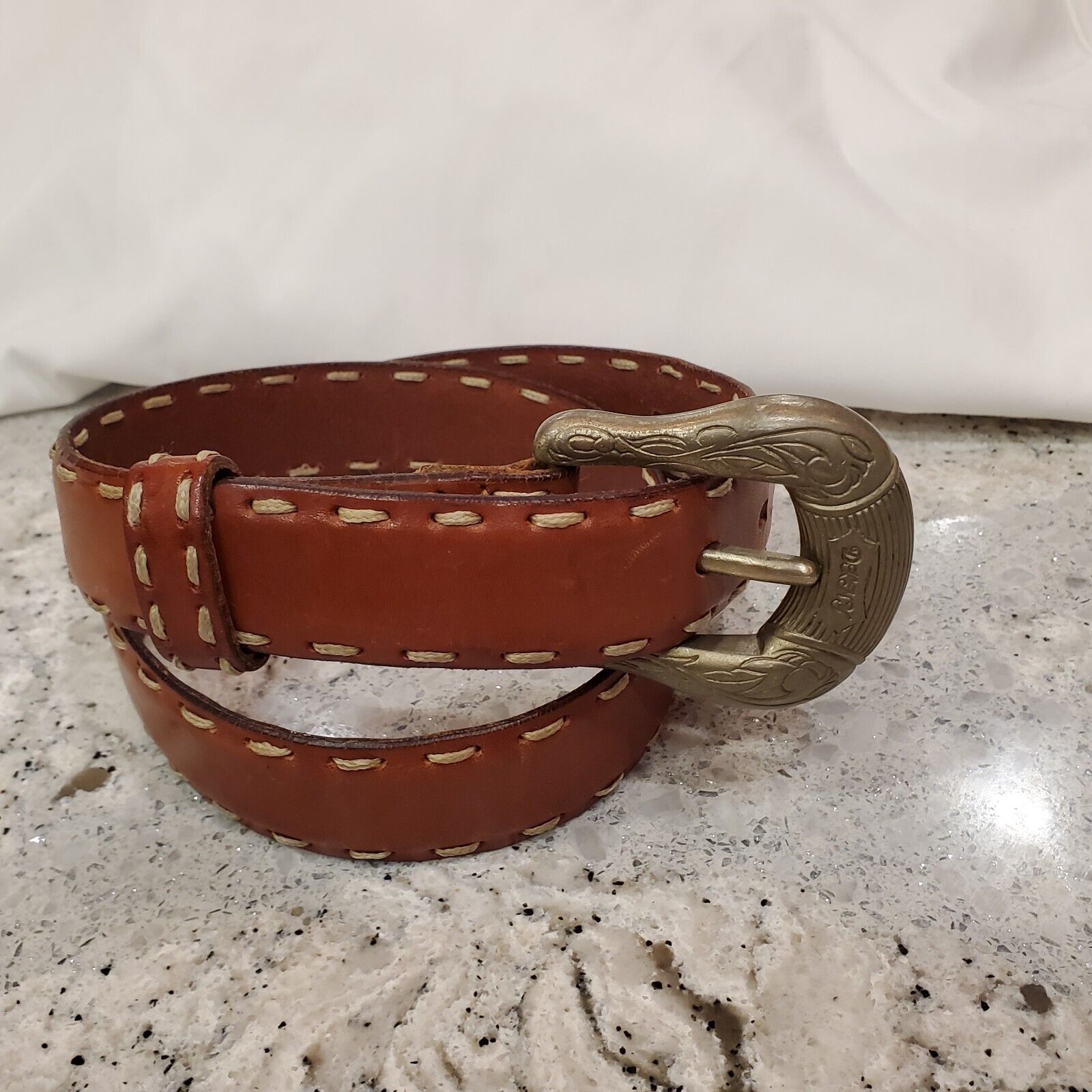 DKNY Genuine Leather Belt Unisex Brown Stitched 36\