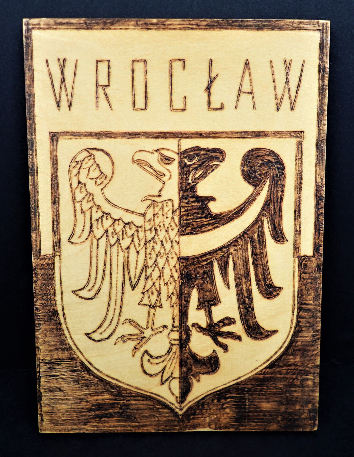Wroclaw Eagle Crest Wooden Picture Warsaw Poland Heraldic Sheild Coat of Arms 