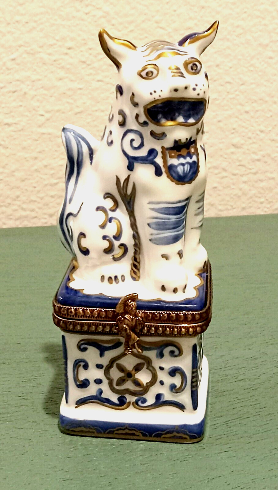 French Limoges Trinket Box Hinged Blue Foo Dog Guardian Lion Good Fortune Symbol