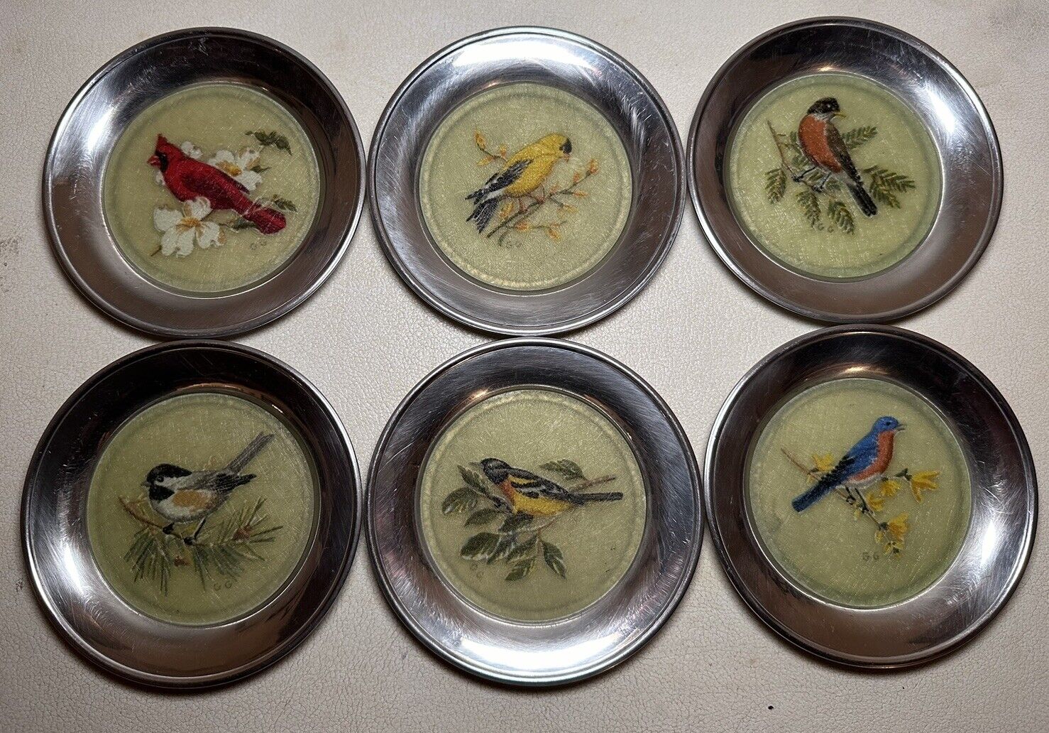 6 Vintage STIEFF Pewter & Fiberglass Painted Bird Coasters