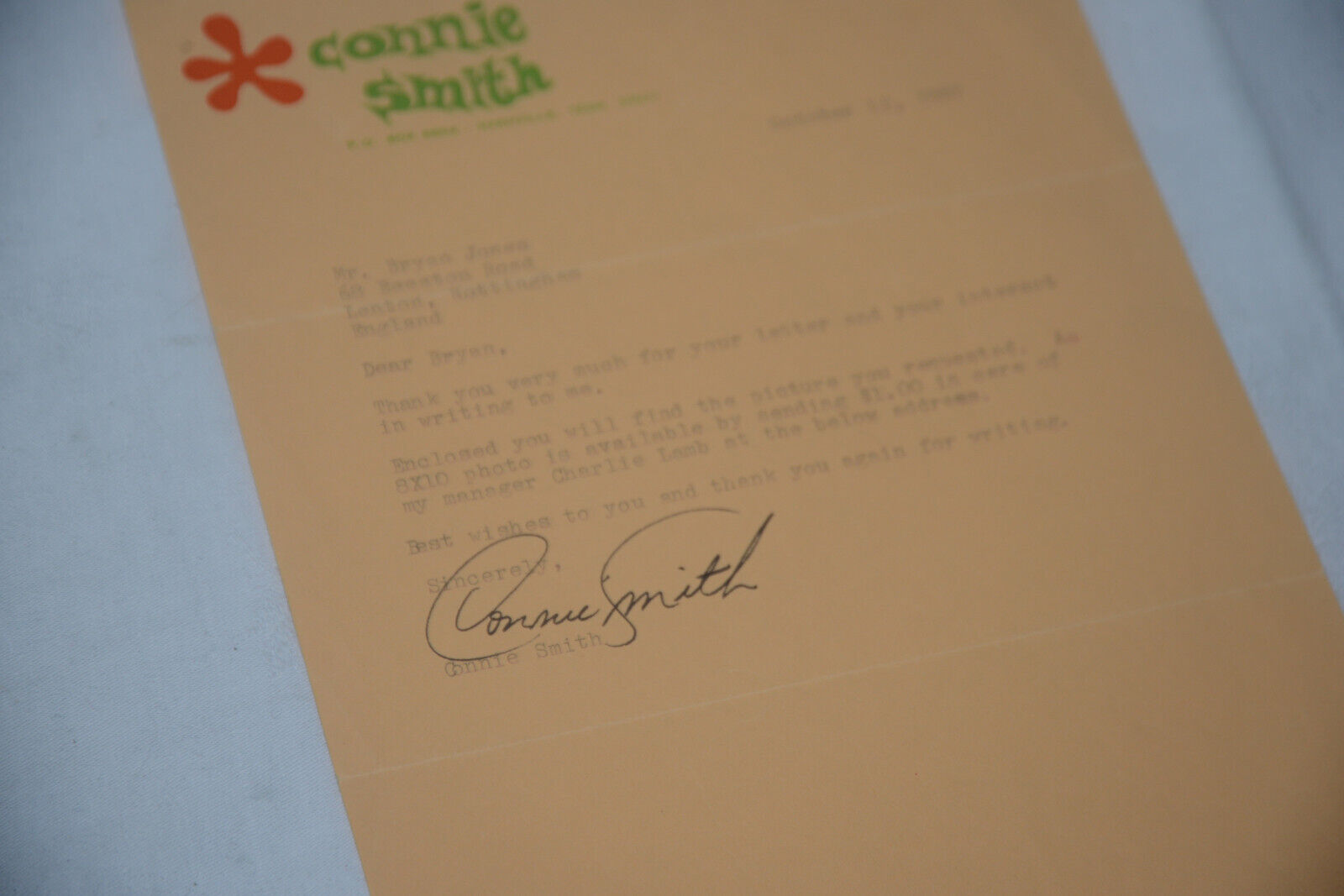 CONNIE SMITH, Actress, Singer, Signed 1967 Letter,  TLS, Autograph