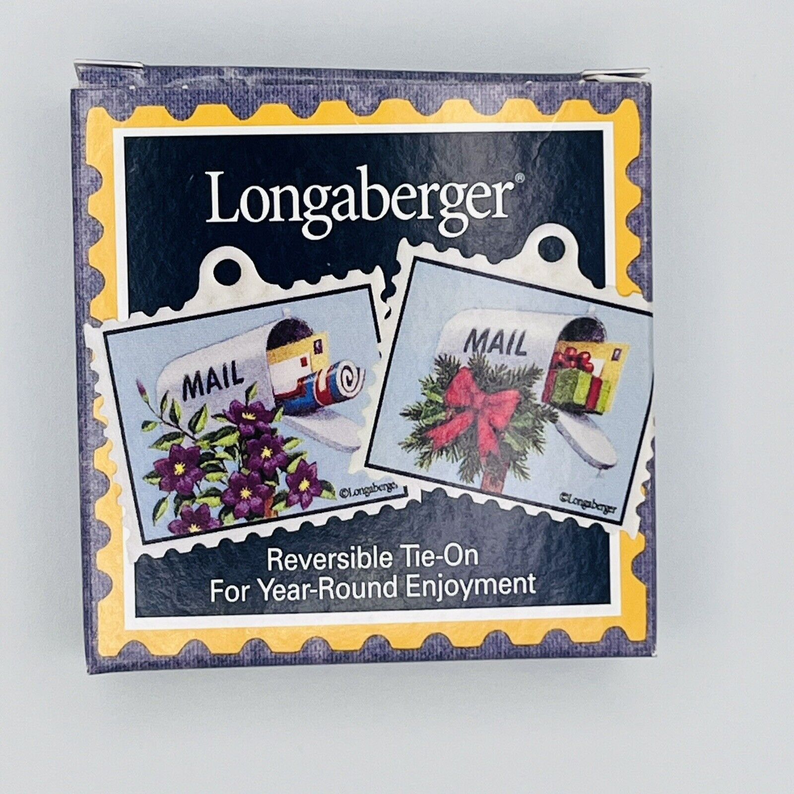 Longaberger Tie-On Mail Stamp Christmas Wreath Purple Flowers Reversible Basket
