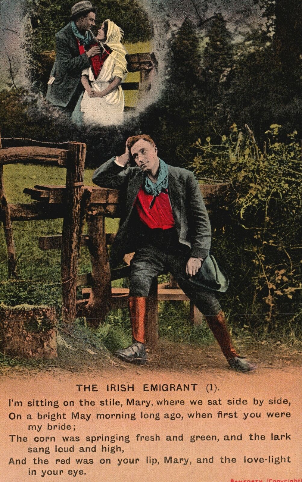 Vintage Postcard The Irish Emigrant Man Sitting On Fence Thinking On Someone