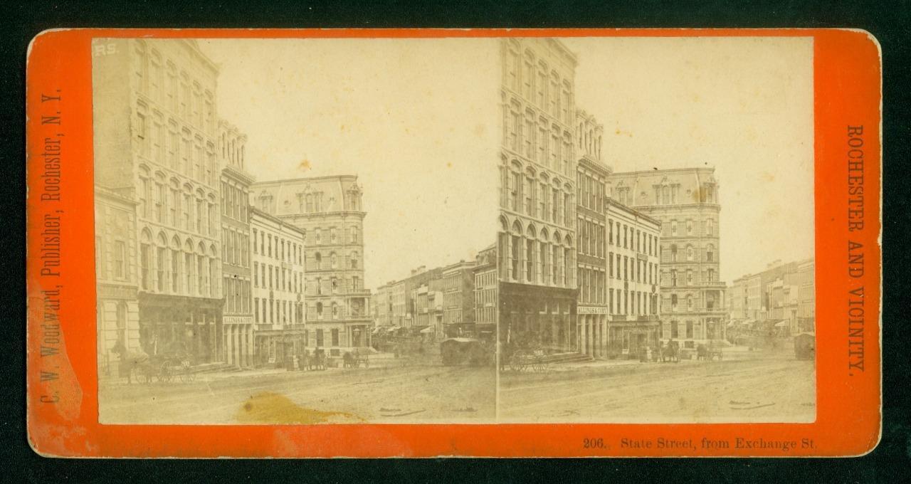 a655, CW Woodward Stereoview, #206, State St - Exchange St, Rochester, NY, 1870s