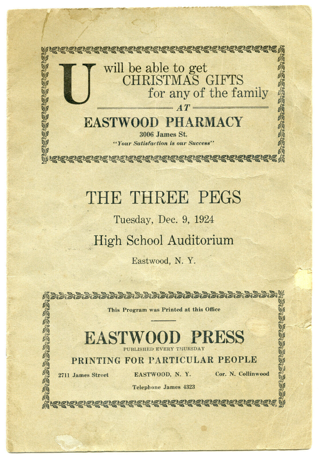 Antique 1924 Advertising Booklet Eastwood NY Pharmacy Theatre The Three Pegs