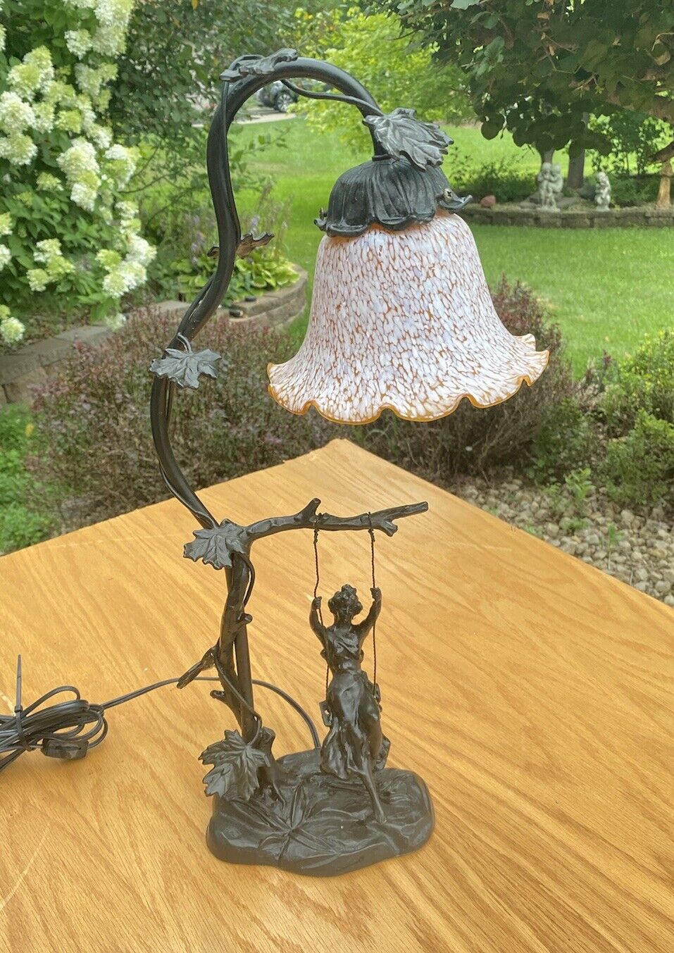 SIGNED M. MOREAU ~ Art Nouveau  Girl On A Swing Table Lamp Tulip Lampshade RARE