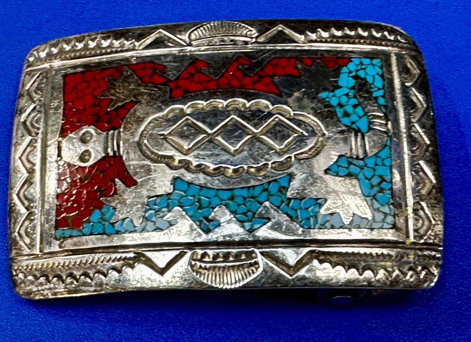 Turquoise & Coral chip Inlay Vintage Sterling Silver Navajo RU? Belt Buckle