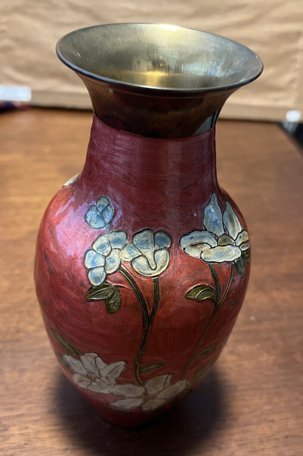 VTG Cloisonné Pearl Tangerine Solid Brass Vase, Enameled Flower Design, India