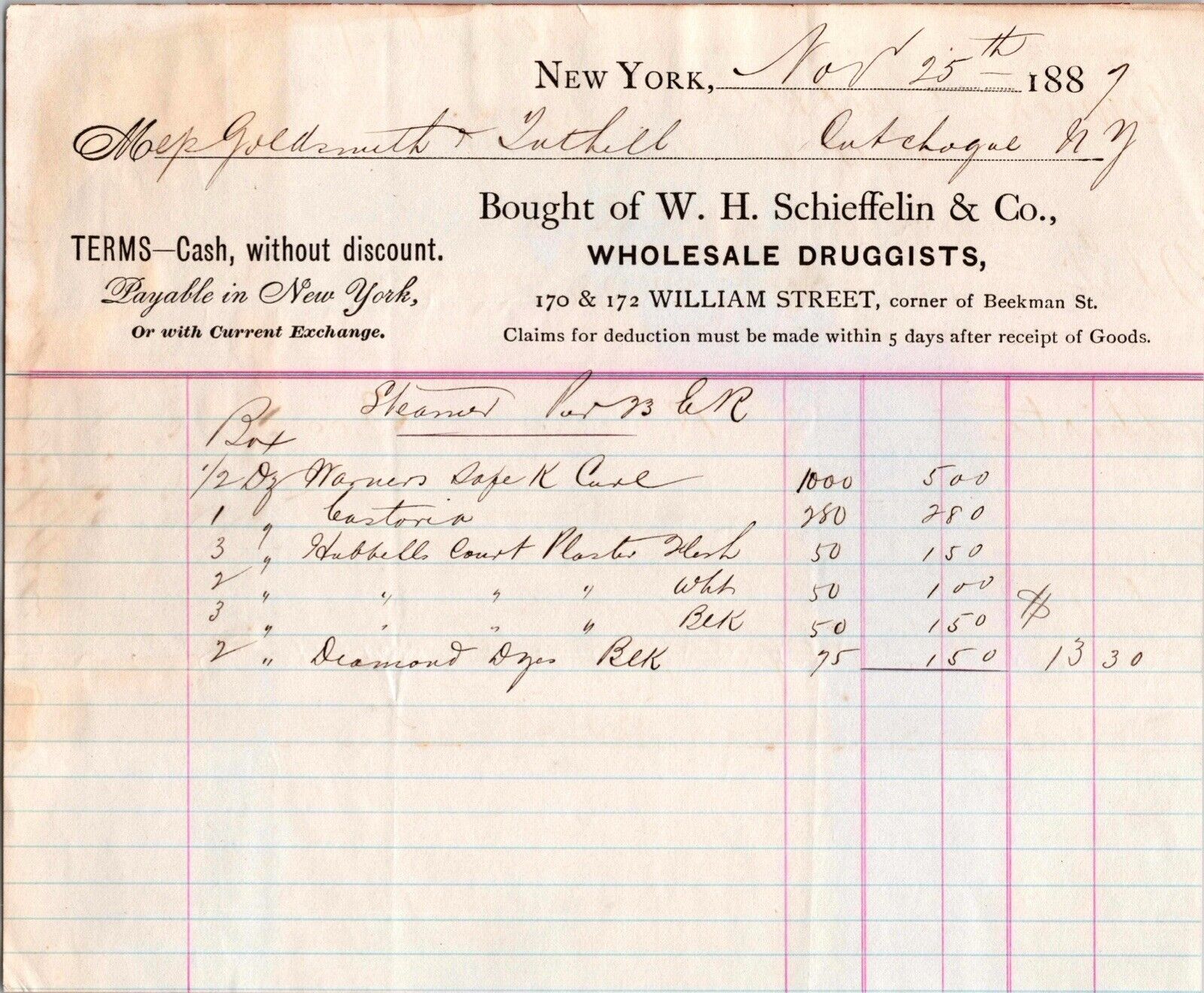 c1887 W.H. Schiefellin & Co. Druggists 170 172 William St New York NY Billhead