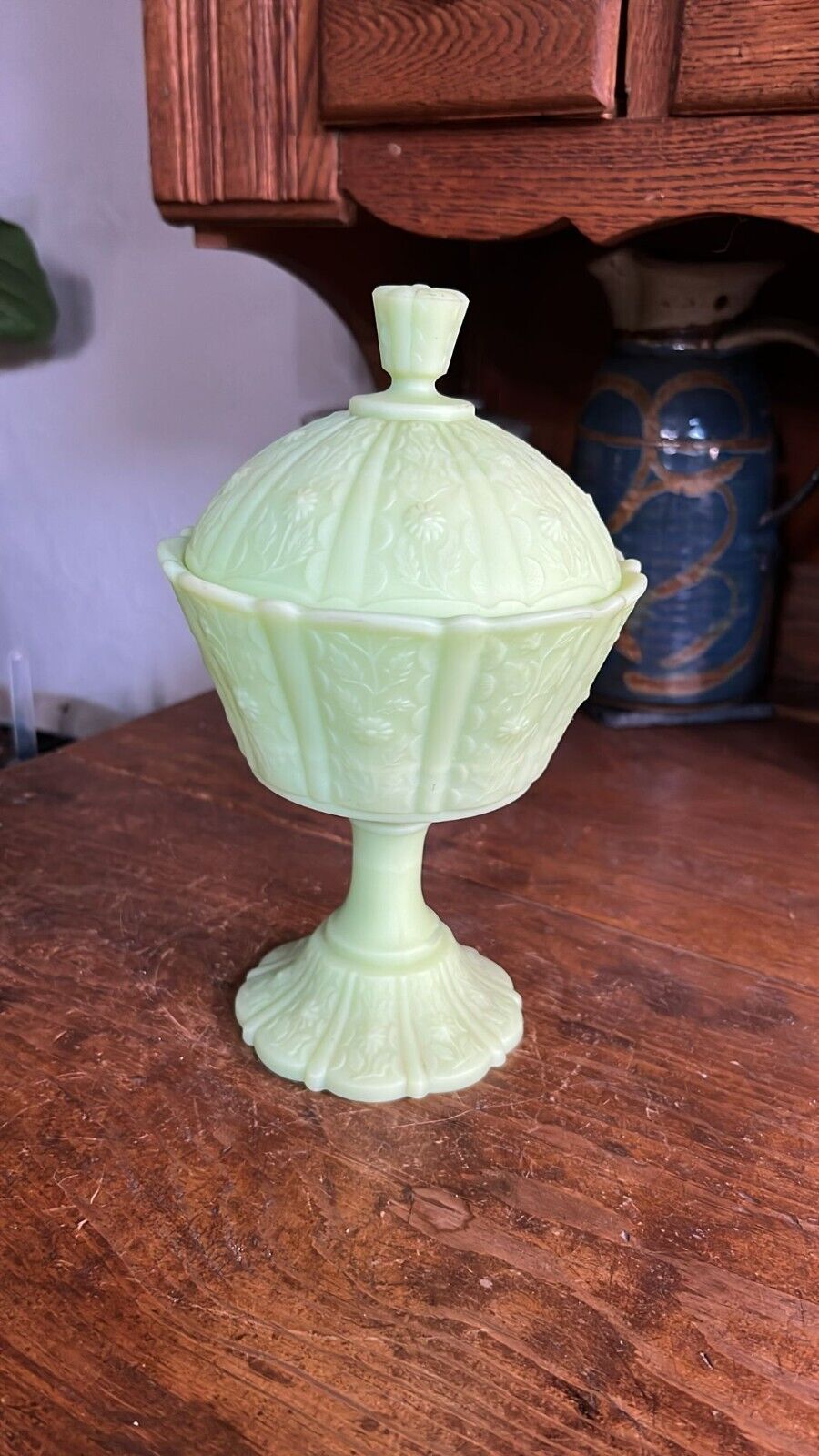 Vintage Fenton Light Green Custard Glass Paneled Covered Compote Candy Dish