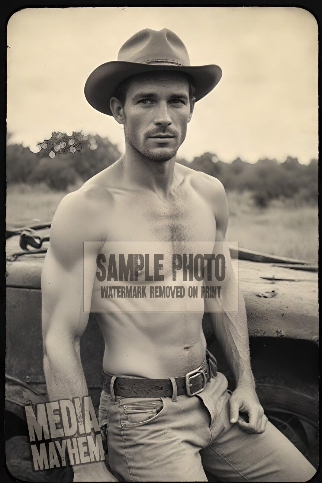 Man with Abs Cowboy Posing in front junk car Sexy 4x6 Gay Interest Photo #142