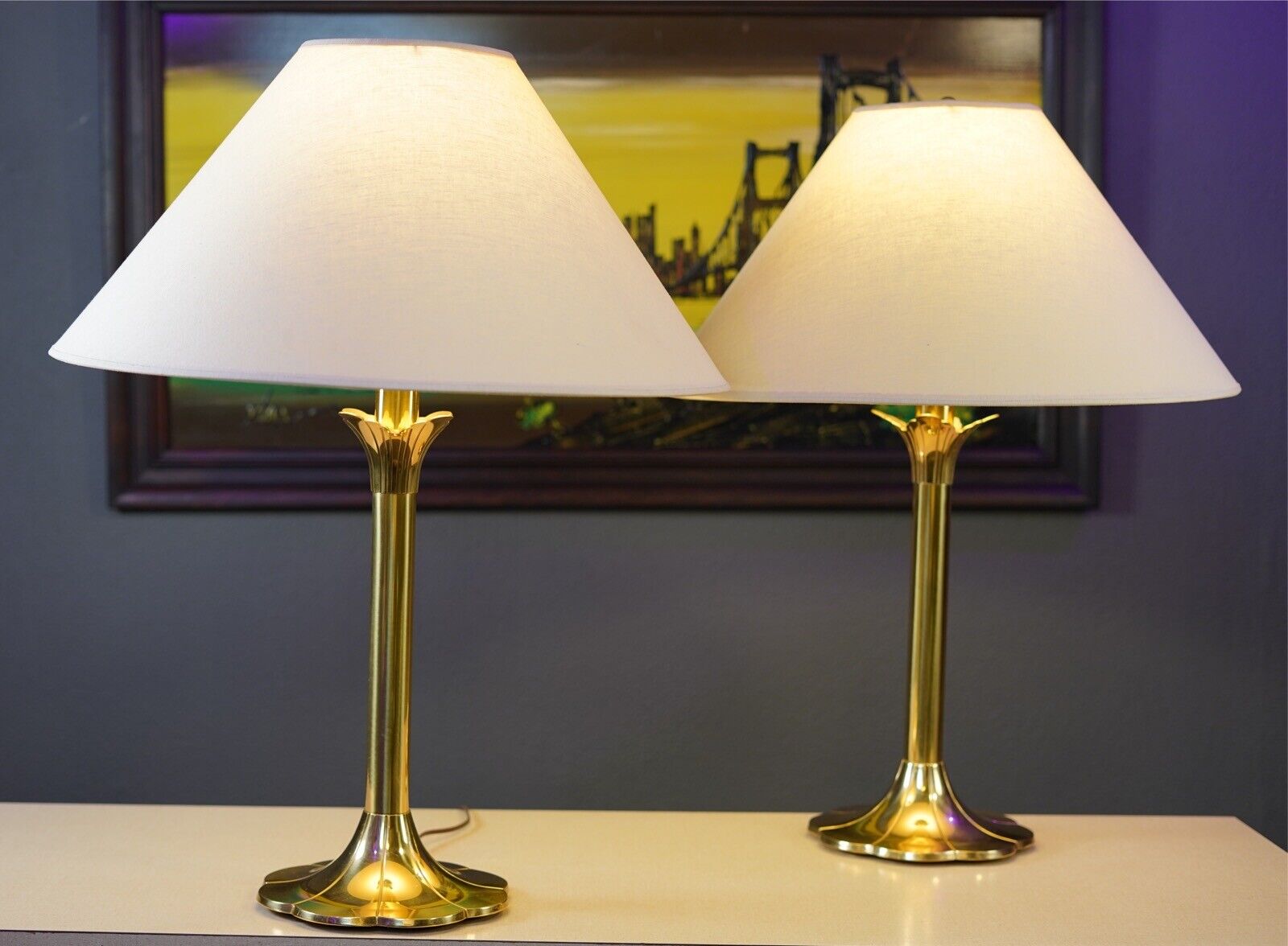 Pair of Mid Century Hollywood Regency Stiffel Brass Tulip Base Table Lamps