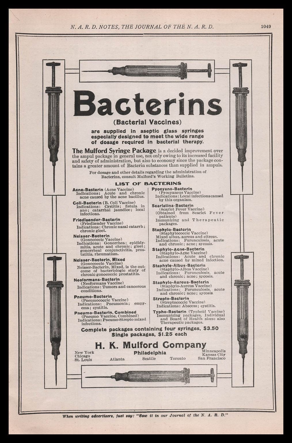 1912 H.K. Mulford Philadelphia Bacterins Glass Syringe Quackery Vintage Print Ad