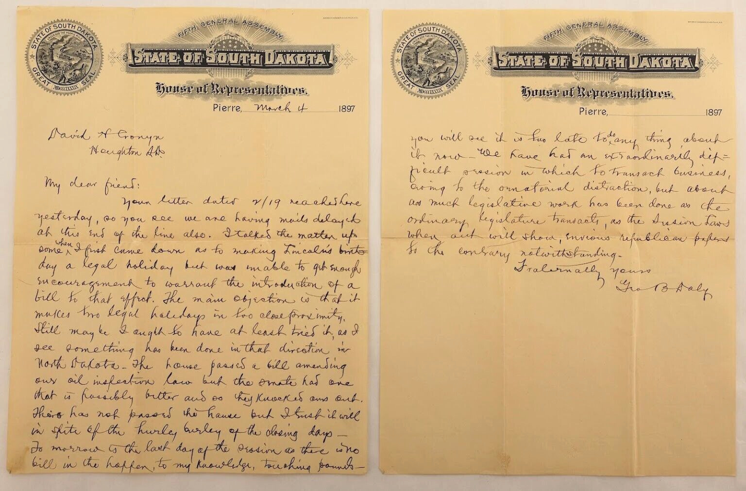 Historic Antique Letter, George Daly, First South Dakota State Legislature 1897