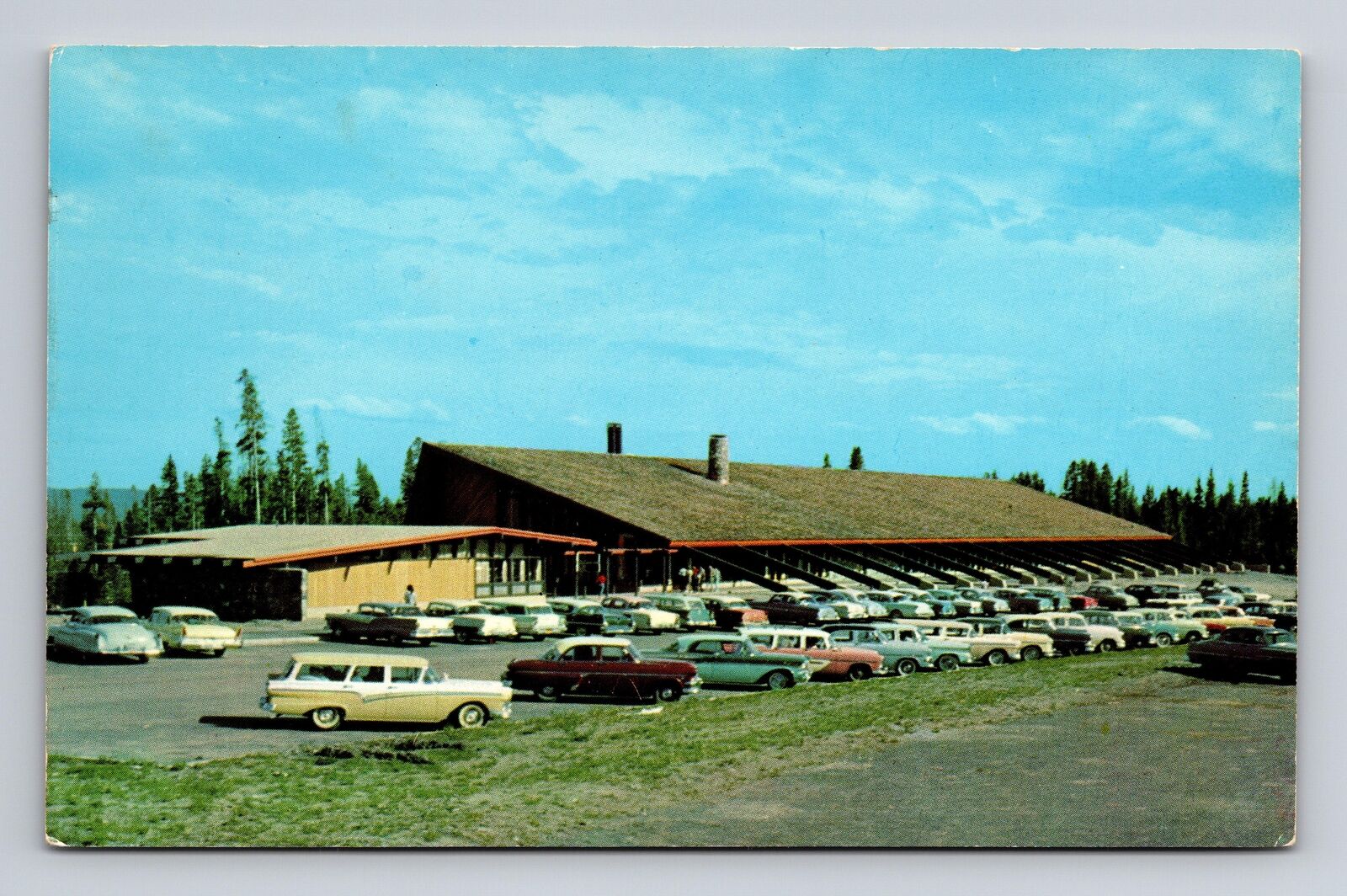 c1958 Postcard Canyon Village WY Wyoming Lodge Yellowstone Admin Bldg Cars