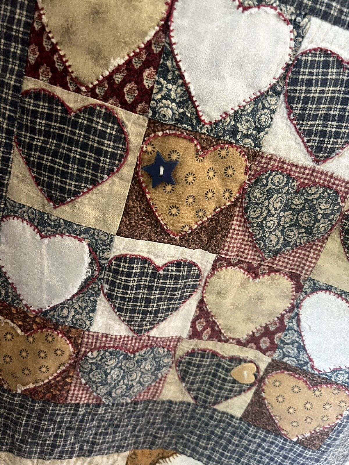 Vintage Handmade Cottage Cutter Quilt Hearts Buttons Twin Lovely But w Holes
